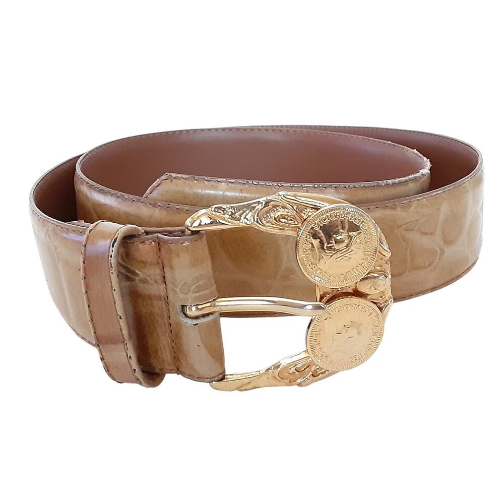 Vintage 80s Reptile Croco Belt Carmel Genuine Leather Gold Coin Buckle Sz L